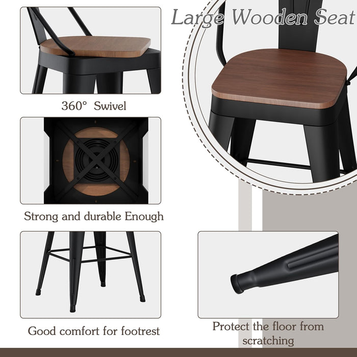 24" Swivel Metal Bar Stools Set of 4, High Back Counter Height Barstools Industrial Dining Bar Chairs with Large Wooden Seat-Matte Black