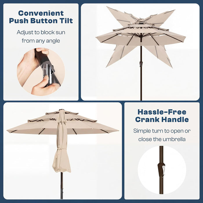 10Ft 3 Tier Patio Umbrella, Outdoor Market Table Umbrella with UPF 50+ Vented Canopy, 8 Sturdy Ribs, Easy Push Button Tilt and Crank, Windproof for Deck, Pool, Backyard and Garden