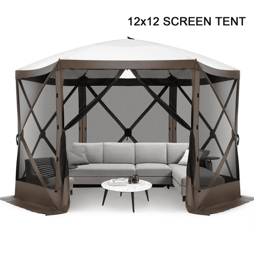 12'X12' Pop-Up Gazebo Outdoor Camping Tent with 6 Sides Mosquito Netting, Waterproof, UV Resistant, Portable Screen House Room, Easy Set-Up Party Tent with Carry Bag, Ground Spike, Brown