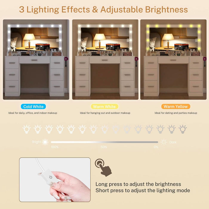Vanity with Large Mirror and 12 LED Lights, Vanity Desk with 7 Drawers & Hairdryer Holder, Makeup Vanity Desk with Charging Station for Women, Girls, 3 Lighting Color Adjustable, White