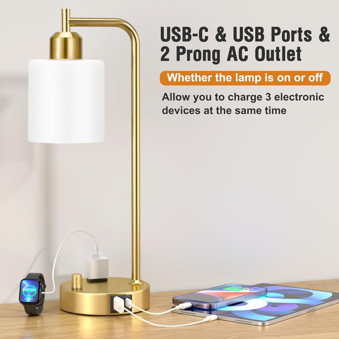 Industrial Table Lamps for Bedroom Set of 2 - Fully Dimmable Bedside Lamps with USB Ports and Outlet, Gold Nightstand Lamps with Opal Glass Shade for Living Room, Desk Lamps for Office Reading