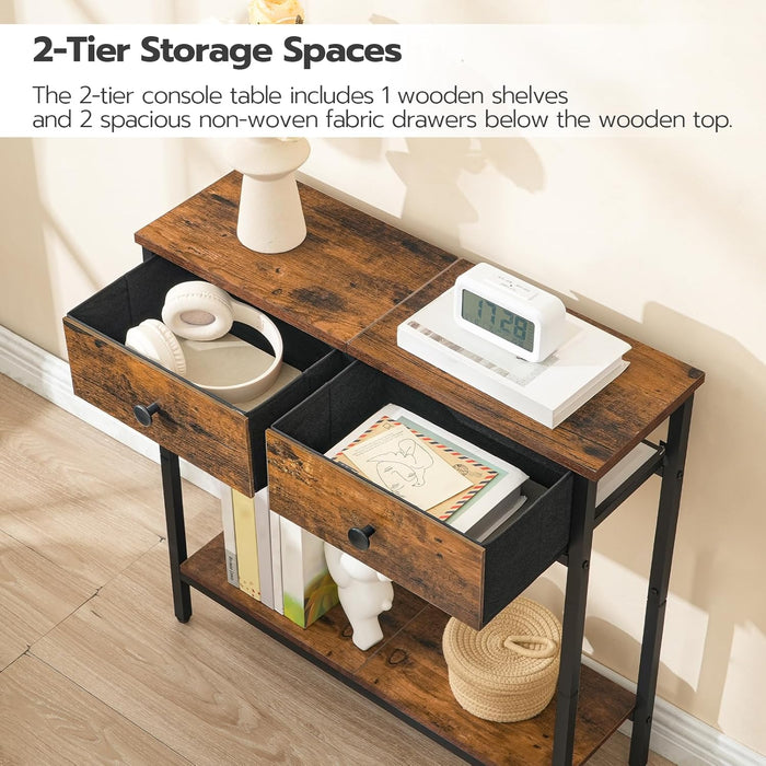 29.5" Narrow Console Table with 2 Fabric Drawers, Small Entryway Table with 2-Tier Storage Shelves, Sofa Table, behind Couch Table, for Living Room, Hallway, Rustic Brown and Black BF71XG01
