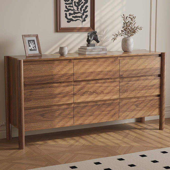 63" Wide Walnut 9 Drawer Dresser for Bedroom with Solid Wood Legs