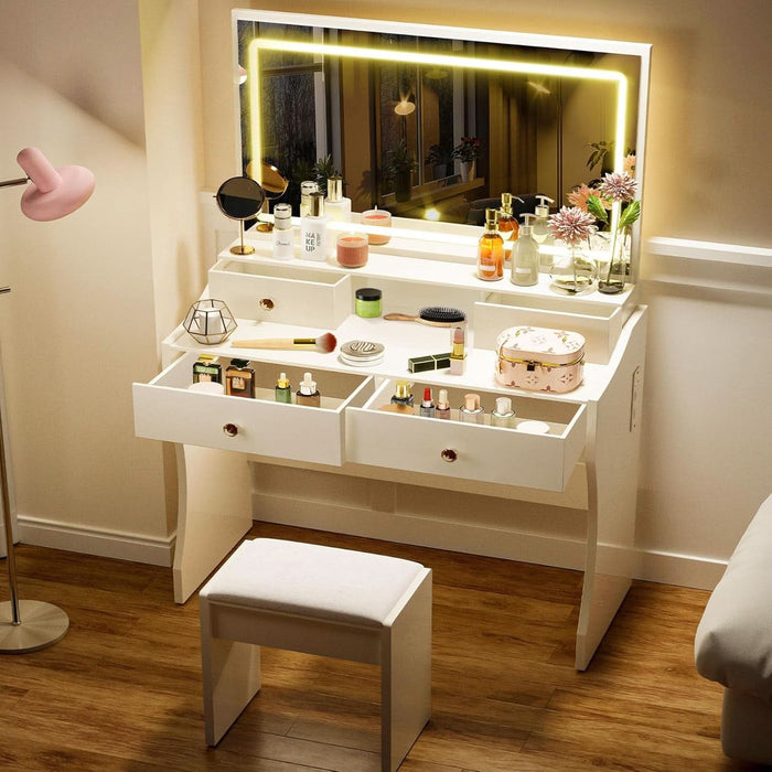 Makeup Vanity Desk with Mirror and Lights, Vanity Table and Chair Set with 5 Drawers and Charging Station, Bedroom Dresser LED Mirror Stepless Dimmable & 3 Color Modes Adjustable, White