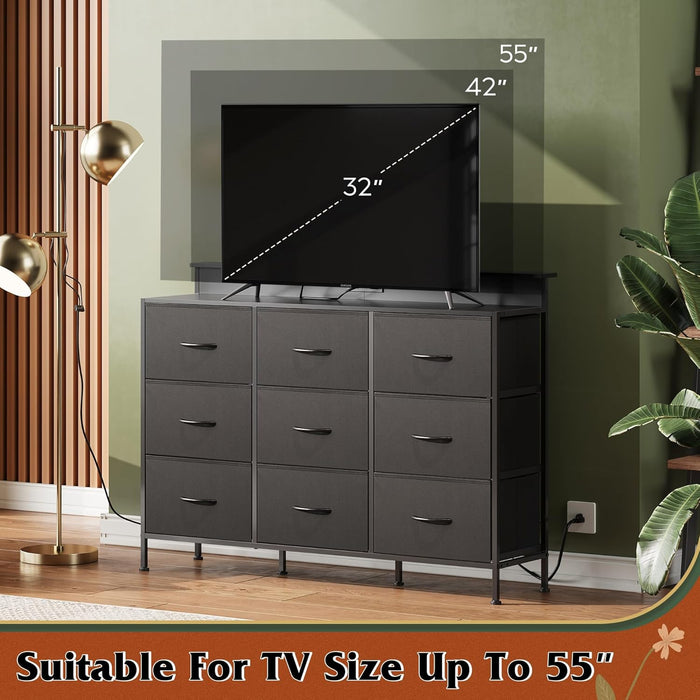 Dresser TV Stand for 55 Inch, Led Dresser for Bedroom, Black Dressers for Bedroom with LED Lights and Charging Station, Chest of Drawers, 9 Fabric Dresser Drawers, Wood Top, Living Room, Closet
