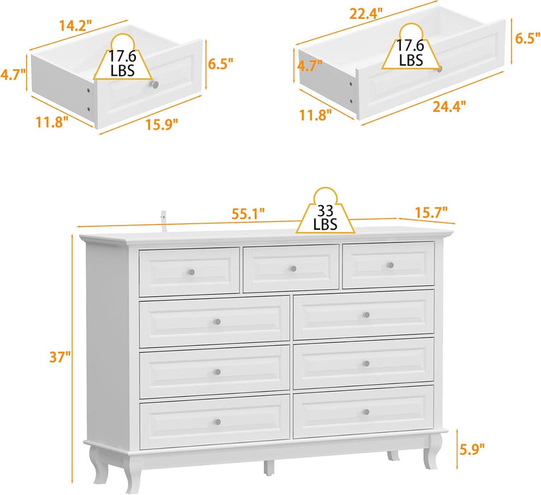 9 Drawer Dresser for Bedroom, White Dresser with Rubberwood Legs