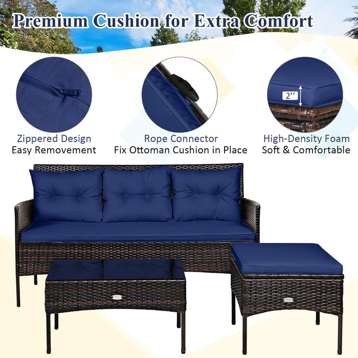 3 Pieces Patio Conversation Set, All Weather Outdoor PE Rattan Wicker Furniture Set with Padded Cushions, Tempered Glass Coffee Table, for Poolside, Backyard, Garden (Navy)