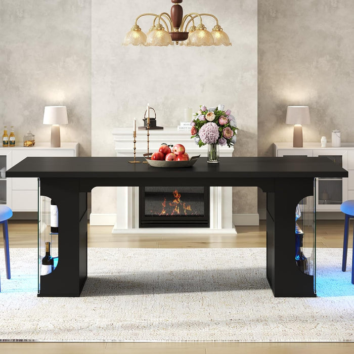 70.8" Large Dining Table with Glass Storage Cabinet & LED Lights, Modern Kitchen Table for 4-8, Rectangle Dining Room Table, Long Dinner Tables for Kitchen,Living Room(Black)
