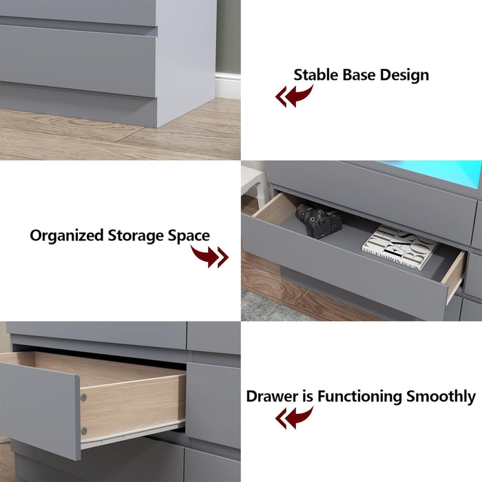 6 Drawers Dresser with Power Outlet, Accent Chests of Drawers with LED Light, Modern Storage Dresser for Bedroom, Living Room