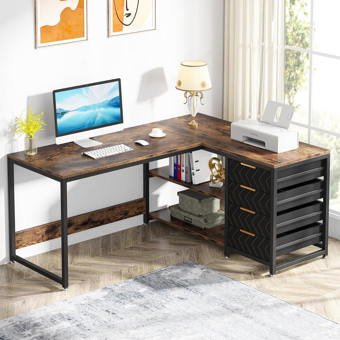 59-Inch L Shaped Desk with Drawers, Large Computer Desk with Storage Shelves, Reversible L-Shaped Corner Desk Workstation for Home Office