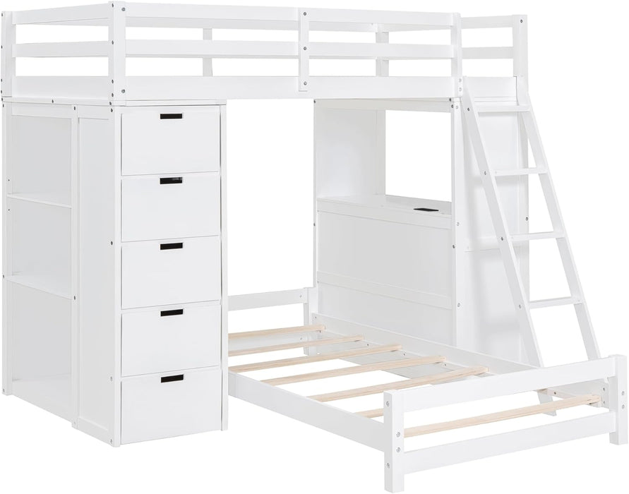Modern Twin Wood Bunk Bed with LED Light and USB Ports, Storage Bunk Bed with Desk, Ladder for Bedroom, Dorm,Appartment Space-Saving White
