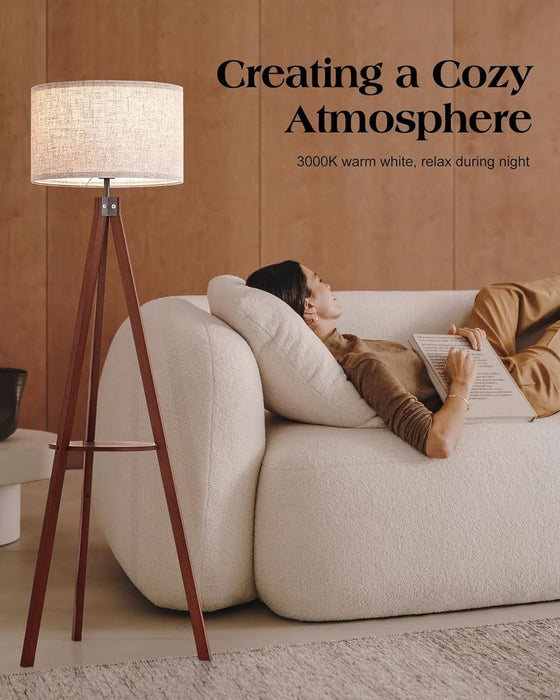 Mid Century Floor Lamp with 3 Color Temperatures LED Bulb, Modern Wood Tripod Table Reading Standing Light, Wooden Shelf Floor Lamp for Farmhouse Living Room Bedroom Office Linen Shade Brown