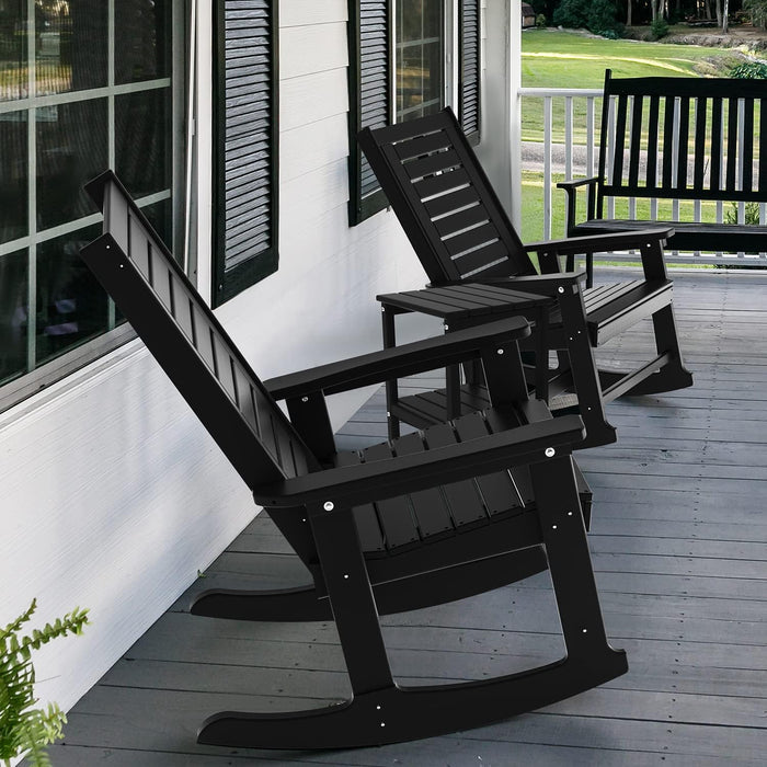Outdoor Rocking Chairs | Set of 2 | Porch Rocker | HDPE Plastic | Black | Oversized Rockers | High Back | Big & Tall | Ladder Back | for Patio outside Backyard Balcony Garden