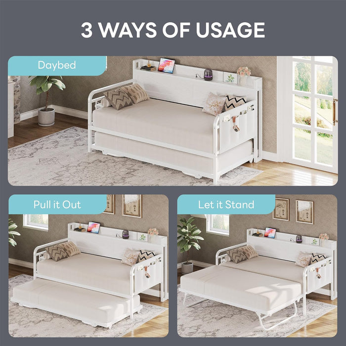 Twin Daybed with Trundle Bed, Storage Headboard with Charging Station, Sofa Day Bed with Strong Supports for Living Room, Bedroom, and Guest Room, White