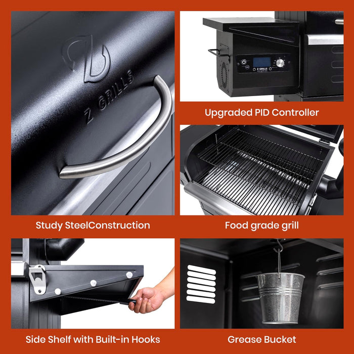 Wood Pellet Grill & Smoker 8-In-1 Pellet Grill with Automatic Temperature Control，Meat Probes，572 Sq. in Area for Backyard Camping Outdoor Party,Bright Black