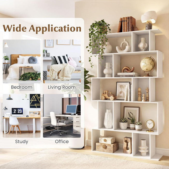 5-Tier Bookshelf, 10-Cube White Geometric Bookcase with 5 Closed-Back Cubbies, Anti-Toppling Kits, Open Display Storage Shelf for Living Room, Home Office, Bedroom