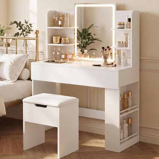 35.4Inch ClassicWhiteFinish Vanity Desk With LED Mirror