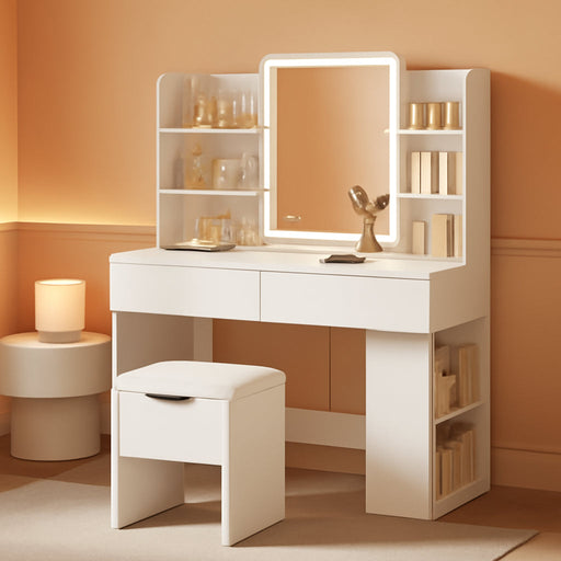 35.4" Vanity Desk with LED Mirror and Lights,Makeup Vanity Set with 2 Storage Drawers, 2 Side Shelves, 1 Storage Bench and Open Storage Shelves, 3 Color Modes, for Bedroom, Modern White