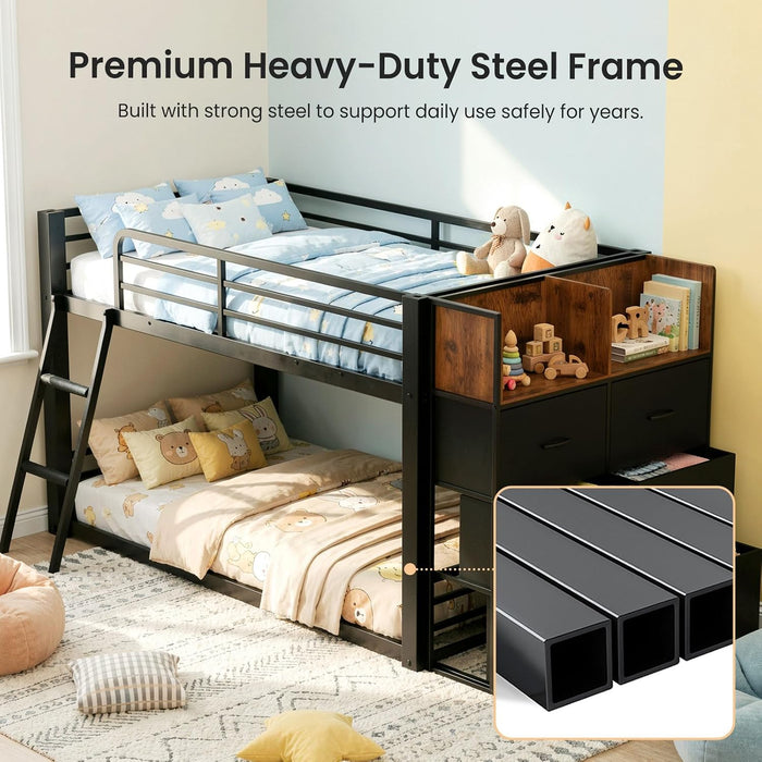 SpaceSaving TwinOverTwin Metal Loft Bed StorageDrawers