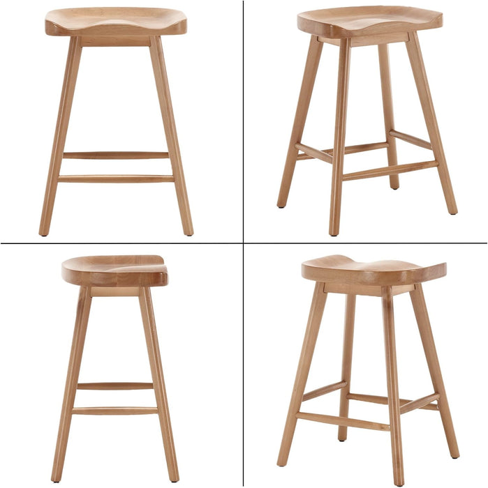 Backless Counter Height Bar Stools Set of 2, 24’’ Rustic Farmhouse Wooden Saddle Stools Ergonomic-Seat Bar Chairs, Bar Height Barstools for Kitchen Counter Island, Brown
