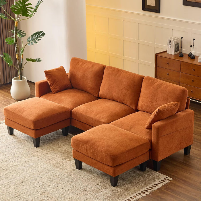 OneHundredInch UShaped Sofa Plush Chenille Ottoman Orange