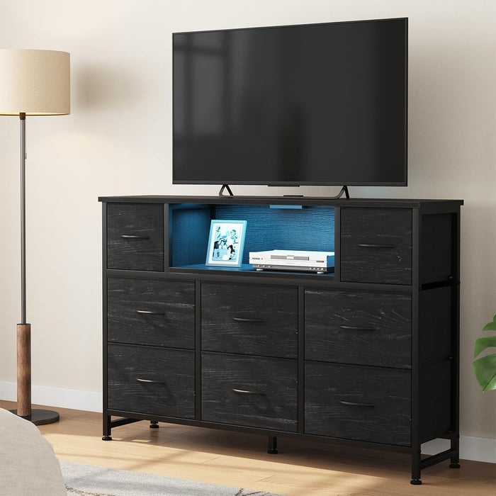 LED Entertainment Center, TV Stand Dresser with Charging Station