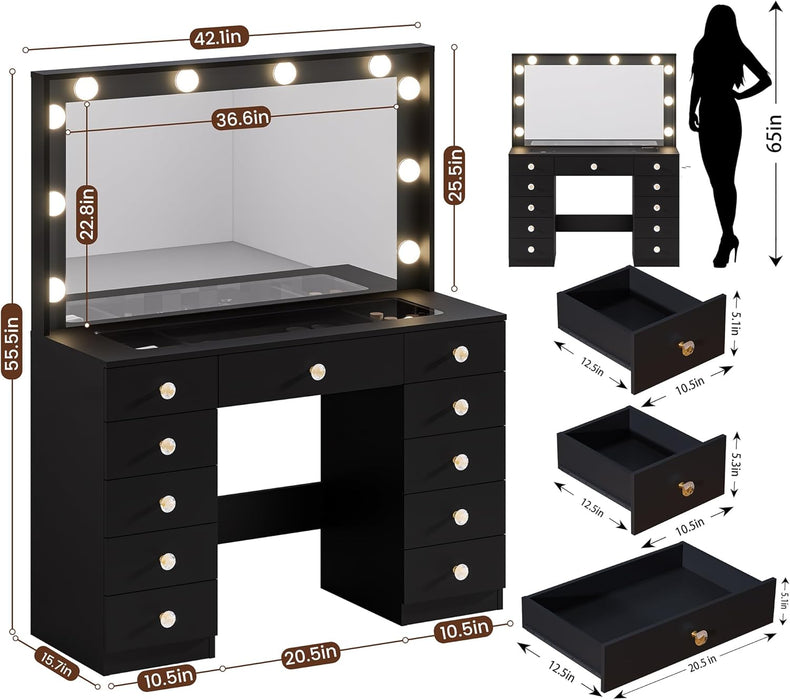 42.1" Vanity with Large Mirror and 10 LED Lights, Vanity Desk with Glasstop, 11 Drawers with Crystal Handles, Dressing Table with Power Outlet as Gift for Women, Girls (Black)