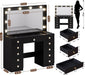 42.1" Vanity with Large Mirror and 10 LED Lights, Vanity Desk with Glasstop, 11 Drawers with Crystal Handles, Dressing Table with Power Outlet as Gift for Women, Girls (Black)