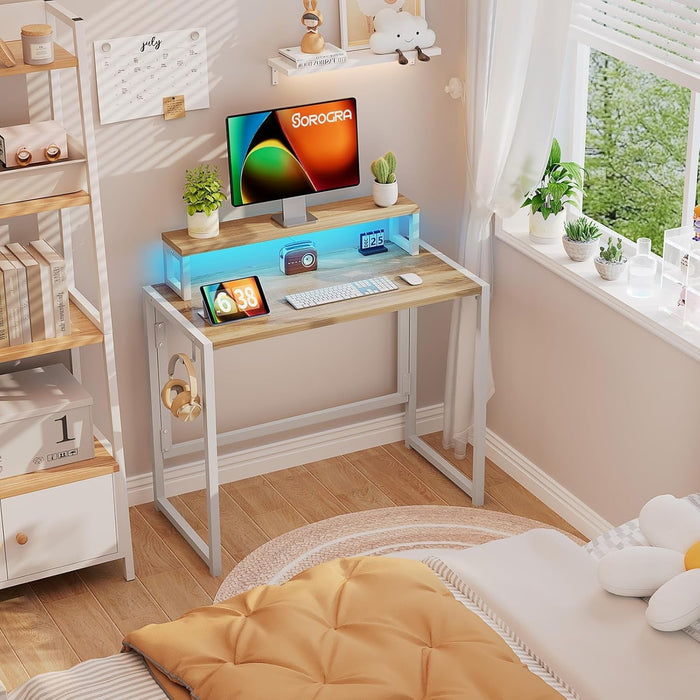 Small Folding Desk 31.5 Inch, Foldable Computer Desks with LED Lights and Monitor Stand, Work Portable Table for Bedroom Home Office, Oak