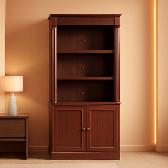 Palladia Book Shelf, Bookshelf with Storage, Library Bookcase with Doors and Adjustable Shelves, L: 29.37" X W: 13.90" X H: 71.85", Select Cherry