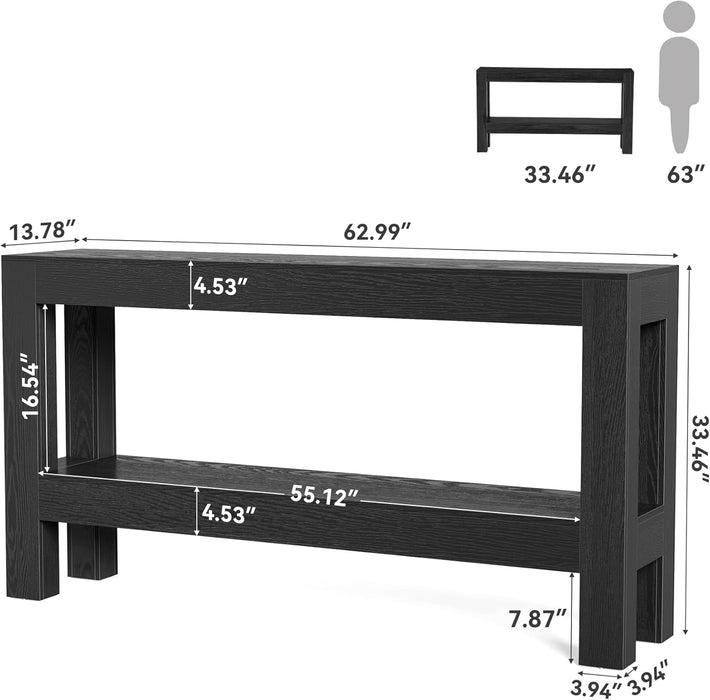 63-Inch Black Console Table for Entryway, Narrow Long Wooden Entry Table for Living Room, Hallway, Sofa, Entrance, Foyer, behind Couch with 2-Tier Storage Shelves