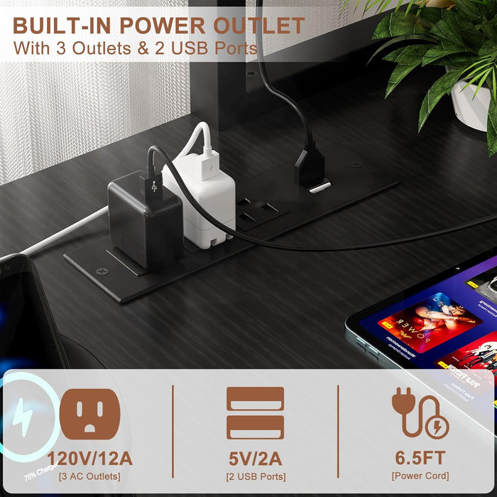 L Shaped Gaming Desk with Power Outlets & LED Lights, Small L- Shaped Desk Computer Corner Desk with Monitor Stand & Storage Shelf, Home Office Desk Writing Desk with Storage Bag, Black