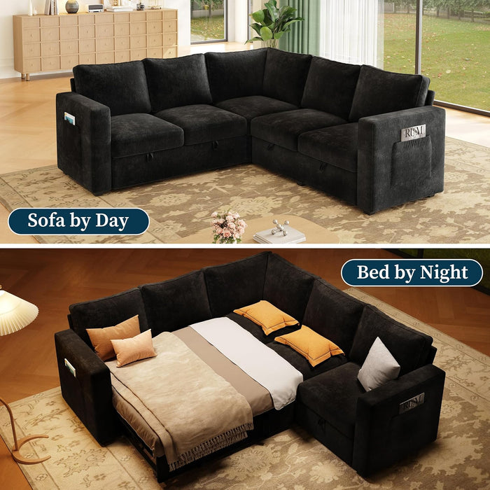 Black 83Inch DeluxeSleeper Sectional Sofa With Storage