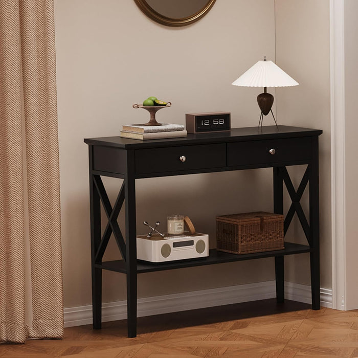 Console Table with Drawers, Narrow Wood Accent Sofa Table Entryway Table with Storage Shelf for Entryway, Front Hall, Hallway, Living Room, Black