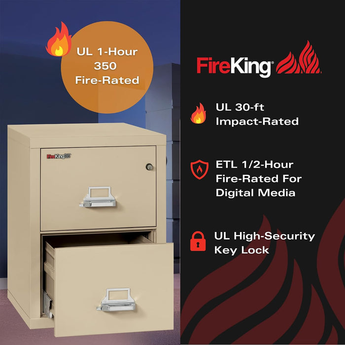 Fireproof Vertical File Cabinet (2 Letter Sized Drawers, Impact Resistant, Water Resistant), 27.75" H X 17.75" W X 25.06" D, Parchment