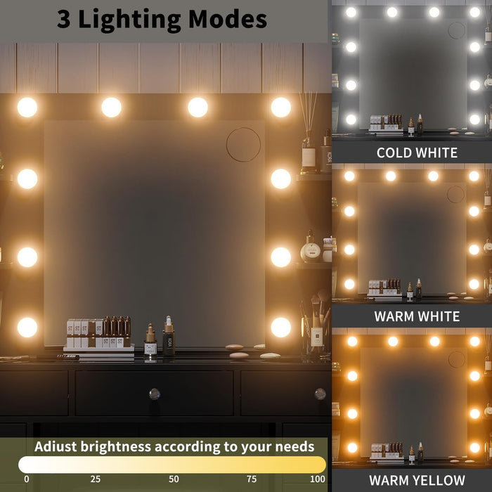 Vanity Desk with Power Outlet, Makeup Table with Mirror and 12 LED Lights, 3 Color Lighting Modes, 11 Drawers Makeup Vanity with 4 Shelves, Fold-Up Panel, Vanity Set for Bedroom, Black