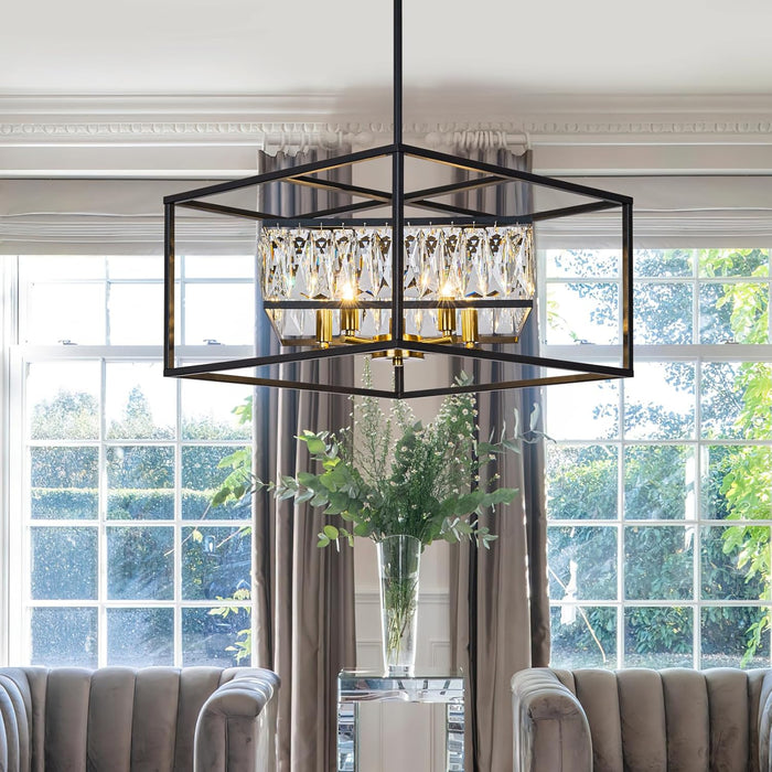 Black Crystal Foyer Entryway Chandelier Modern Farmhouse Square 5-Light Chandelier Light Fixture for Dining Room Kitchen Island Entrance Staircases Hallway