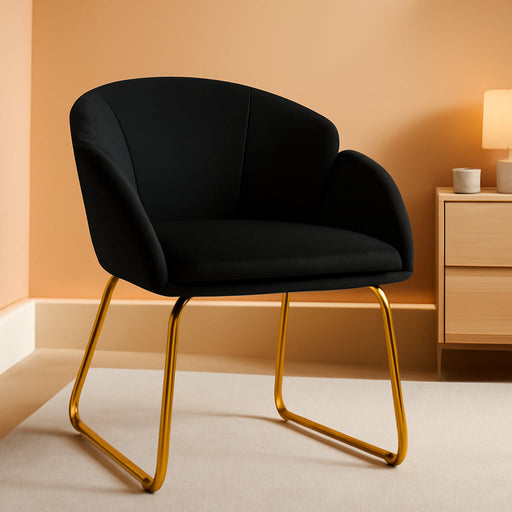 Modern Velvet Armchair, Flower Shaped Makeup Chair Vanity Chair with Golden Metal Legs for Living Room/Makeup Room/Bedroom/Home Office/Kitchen, Black