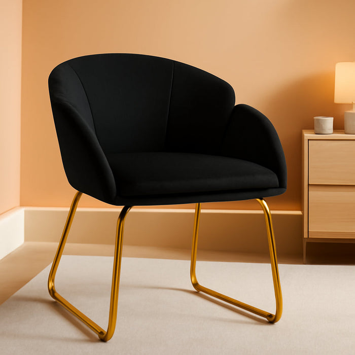 Modern Velvet Armchair, Flower Shaped Makeup Chair Vanity Chair with Golden Metal Legs for Living Room/Makeup Room/Bedroom/Home Office/Kitchen, Black