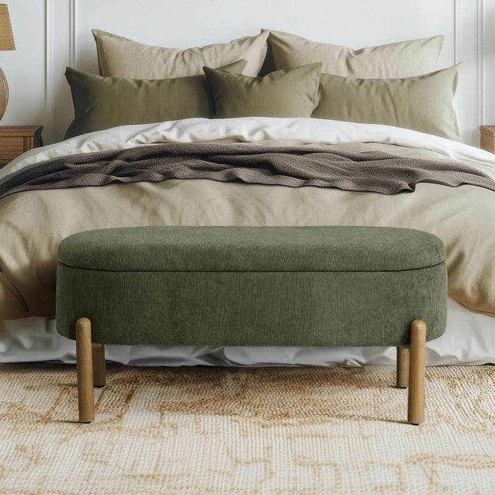Storage Bench Ottoman, Upholstered Corduroy Storage Bench for Bedroom End of Bed, Modern Aesthetic Furniture, Large Oval Ottoman Bench for Foot of Bed, Living Room, Entryway, under Window (Green)