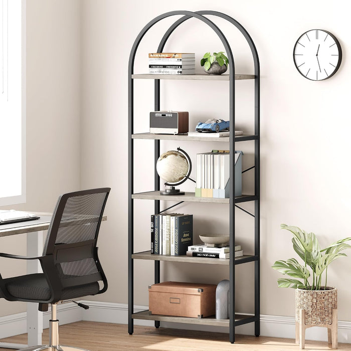 Arched Bookshelf, 5-Tier Industrial Tall Bookcase with X-Back Support and Adjustable Feet, Modern Open Display Storage Shelf with Gray Wood Shelves for Home Office, Study | X-Back Support, Adjustable Feet, MDF Material, Arched Top Design, Modern Home Office Decor, 30Lb Shelf Load