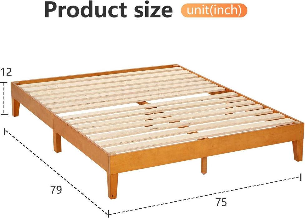 12 Inch Solid Wood Platform Bed with Wooden Slats, No Headboard, No Box Spring Needed, Easy Assembly, Queen