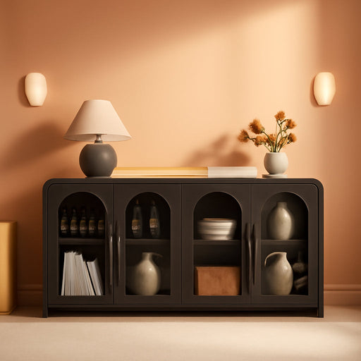 65" Sideboard Buffet Cabinet with Arched Glass Doors, Dark Gray | Modern Wood Sideboard, Spacious Storage Credenza, Adjustable Shelves, Living Room Accent Cabinet, Dining Room & Entryway Use