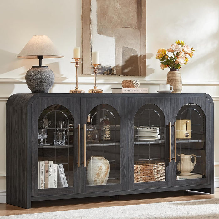 65" Sideboard Buffet Cabinet with Arched Glass Doors, Dark Gray | Modern Wood Sideboard, Spacious Storage Credenza, Adjustable Shelves, Living Room Accent Cabinet, Dining Room & Entryway Use