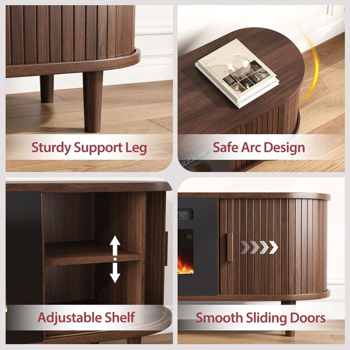 70" Mid Century Modern TV Stand with Fireplace, Fluted Fireplace TV Stand, Entertainment Center with Sliding Door, TV Console with Solid Wood Legs for Living Room, Walnut