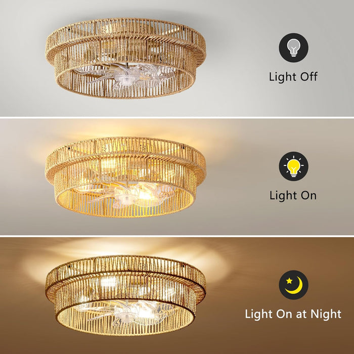 Rattan Boho Ceiling Fan with Light Flush Mount, 20 Inch Caged Ceiling Fans with Light and Remote Control, Low Profile Enclosed 6 Speeds for Bedroom, Nursery, Living Room, E26 Base (Brown)