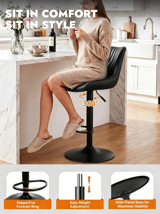 Swivel Bar Stools Set of 2, Height Adjustable Counter Height Bar Stools with Open Back and Footrest, Premium Faux PU Leather, Modern Upholstered Bar Chairs for Kitchen Island/Bar/Counter, Black