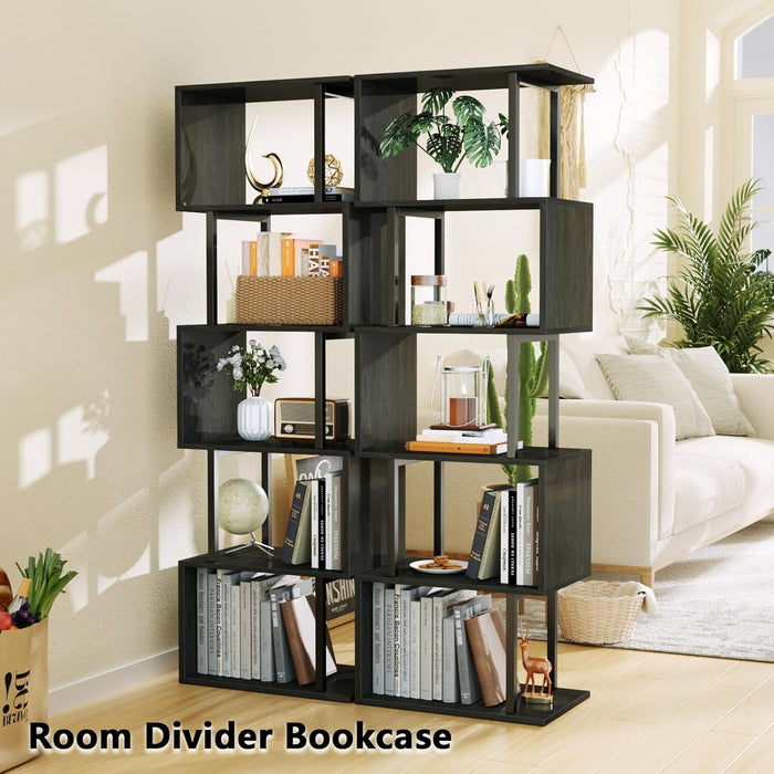 6 Tier Bookshelf Tall Geometric Bookcase, S-Shaped Industrial Display Standing Shelf, Metal and Wood Decorative Storage Room Divider Shelves for Bedroom, Living Room, Office, Light Black Oak