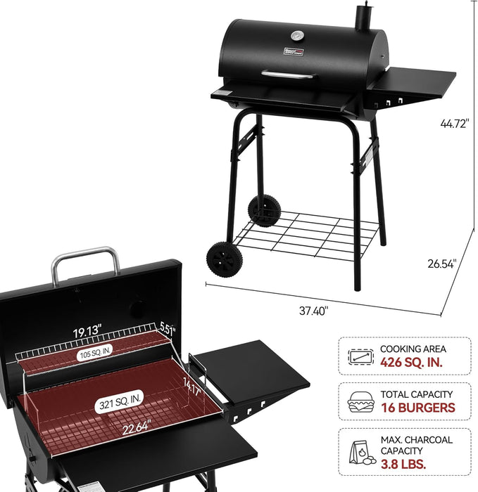 CC1624 Barrel Charcoal Grill, Large Charcoal Grill with Side & Front Shelves, 426 Sq. In. Cooking Grid, Sturdy Side Shelf with Hooks, for Outdoor Backyard and Picnics, Black