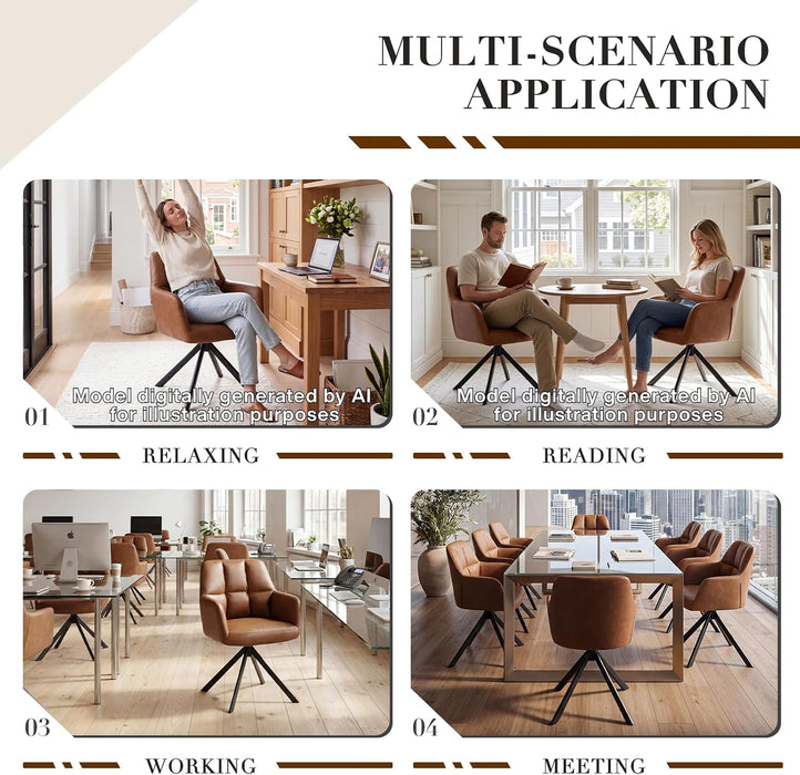 Comfy Leather Desk Chair Modern Computer Task Chair No Wheels Swivel Accent Chair with Mid Back Arm Chair for Living Room/Bedroom/Home Office, PU Brown